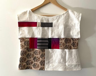 The LINEN PATCHWORK CROP made of Upcycled and Vintage Fabric Scraps - One of a Kind sz S - Sustainable Linen Clothing - Slow Fashion