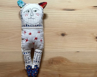 Wabi Sabi Doll - One of a kind rag doll made from upcycled and vintage material - hand embroidered art doll