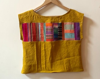 The LINEN PATCHWORK CROP made of Upcycled and Vintage Fabric Scraps - One of a Kind sz sm - Sustainable Clothing - Slow Fashion - No Waste