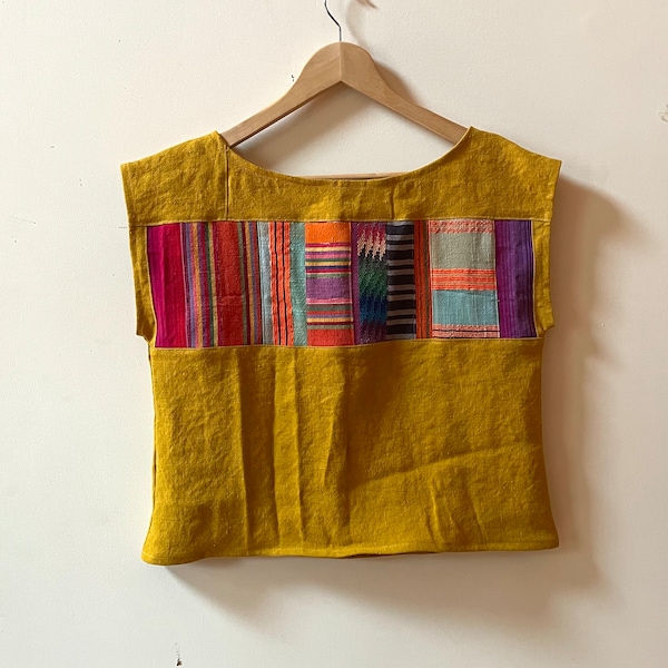 The LINEN PATCHWORK CROP made of Upcycled and Vintage Fabric Scraps - One of a Kind sz sm - Sustainable Clothing - Slow Fashion - No Waste