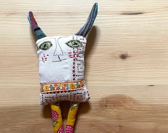 Wabi Sabi Doll - One of a kind rag doll made from upcycled and vintage material - hand embroidered art doll