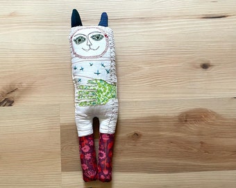 Wabi Sabi Doll - One of a kind rag doll made from upcycled and vintage material - hand embroidered art doll