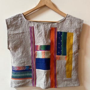 The LINEN PATCHWORK CROP made of Upcycled and Vintage Fabric Scraps One of a Kind sz sm Sustainable Linen Clothing Slow Fashion image 2