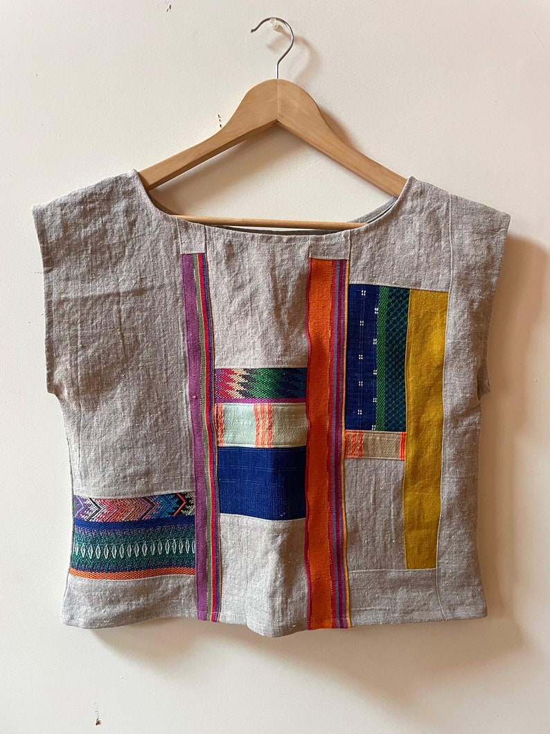 The LINEN PATCHWORK CROP made of Upcycled and Vintage Fabric Scraps One of a Kind sz sm Sustainable Linen Clothing Slow Fashion image 2