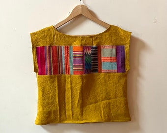 The LINEN PATCHWORK CROP made of Upcycled and Vintage Fabric Scraps - One of a Kind sz sm - Sustainable Clothing - Slow Fashion - No Waste