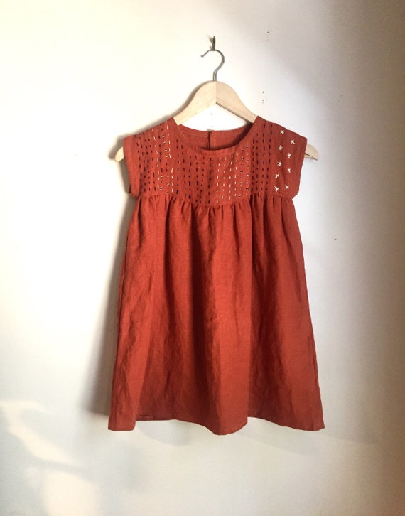 Burnt Orange Linen Formal Dress Hand Stitched Flower Girl Etsy