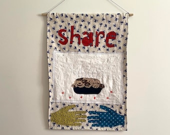 Hand Sewn Wall Hanging - Patchwork / Contemporary Textile Art / Fabric Wall Quilt / Folk Art / Fiber Art
