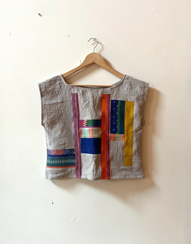 The LINEN PATCHWORK CROP made of Upcycled and Vintage Fabric Scraps One of a Kind sz sm Sustainable Linen Clothing Slow Fashion image 1