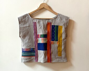 The LINEN PATCHWORK CROP made of Upcycled and Vintage Fabric Scraps - One of a Kind sz sm - Sustainable Linen Clothing - Slow Fashion