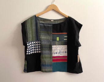 The LINEN PATCHWORK CROP made of Upcycled and Vintage Fabric Scraps - One of a Kind sz xl - Sustainable Clothing - Slow Fashion - No Waste