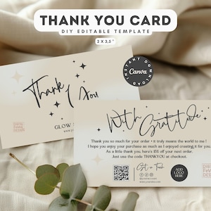 Carte de remerciement après commande, template Canva à personnaliser, design minimaliste beige et noir, pour petites entreprises -- NUD