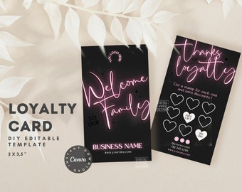 Pink Neon Instagram Loyalty Card Hair Template for Canva, Et Cards, loyalty business cards, Editable Customer Punch Card for nail techs