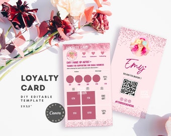 Pink Glitter Instagram Loyalty Card Hair Template for Canva, Et Cards, loyalty business cards, Editable Customer Punch Card for nail techs