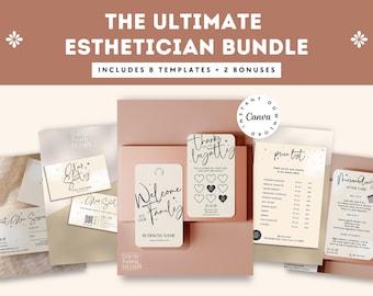 Puede incluir: Un paquete de plantillas para esteticistas con el texto "THE ULTIMATE ESTHETICIAN BUNDLE" y "INCLUDES 8 TEMPLATES + 2 BONUSES". La imagen incluye tarjetas de visita, listas de precios e instrucciones de cuidado posterior. El diseño es en tonos rosa y beige suaves.