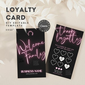 Template Carte de fidélité Néon Noir Rose modifiable sur Canva, carte de fidélité professionnelle, marketing petite entreprise, carte beauté