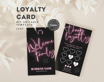 Pink Neon Loyalty Card Hair Template for Canva, Et Cards, loyalty business cards, Editable Customer Punch Card for nail techs