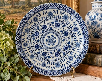 Vintage Chinese Blue White Porcelain Plate | Qianlong Style Floral Decor (10" Diameter)