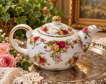 Royal Albert Old Country Roses Ruby Celebration Teapot with Lid 2002 Vintage Floral China