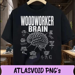 May include: Black t-shirt with a white graphic that reads "WOODWORKER BRAIN" above a brain illustration. The design includes woodworking tools and phrases like "I need more clamps" and "Why is this board warped?"