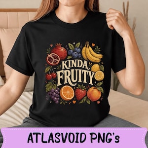 May include: Black t-shirt with a colorful "Kinda Fruity" design featuring illustrations of various fruits like pomegranates, bananas, blueberries, and oranges. The shirt has a crew neck and short sleeves.