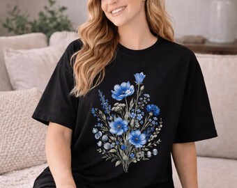 Blauw bloemenboeket shirt, minimalistisch botanisch boeket T-shirt, cottagecore aquarel bloemendesign T-shirt, unisex esthetisch bloemenshirt
