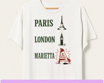 Parijs heeft de Eiffeltoren, Londen heeft Marietta heeft de Grote Kip. PNG: Grappige stadshumor, bezienswaardighedenliefhebber, retro reisafbeelding (digitale download)