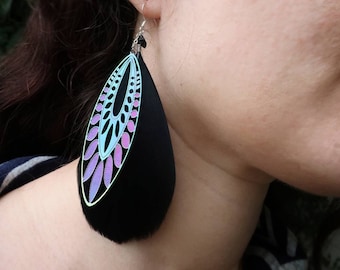 Black Boho Earrings Feather Earrings Ethical Holographic Iridescent Earrings
