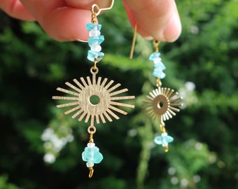 Gold Sun Earrings with Apatite Gemstones Crystal Earrings Evil Eye Earrings