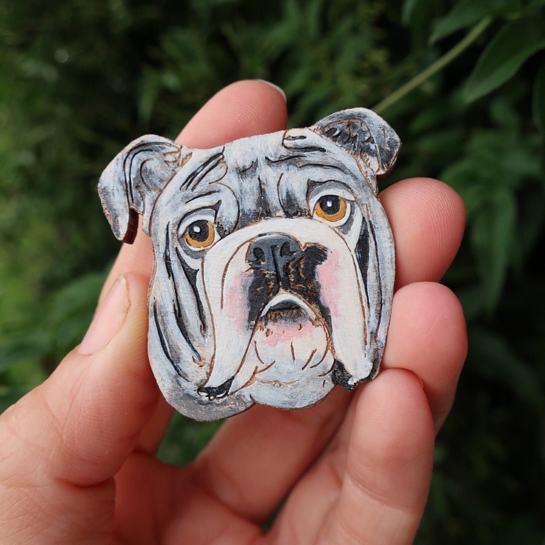British Bulldog Jewellery Bulldog Brooch Original Wearable Art Dog Pin White grey