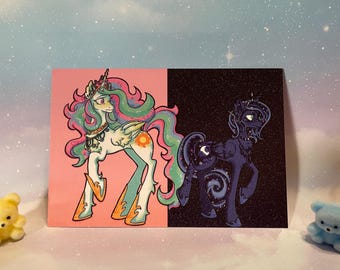 Stampa cartolina scintillante della principessa Celestia e della principessa Luna