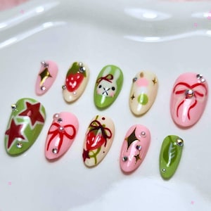 Strawberry Matcha Miffy Medium Almond Nails with Cute Hand Painted Nail Art - Press-On Reusable False Nails