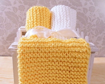Hand Knitted Cotton Dishcloths Washcloths - Yellow