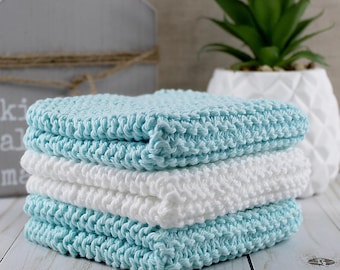 Hand Knit Cotton Dishcloths or Cotton Washcloths  - Robins Egg