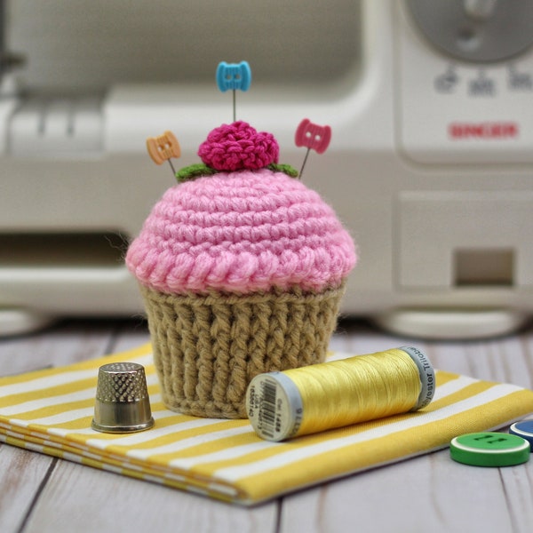 Cupcake Pincushion, Pincushion, Crocheted Cupcake Pink Frosting