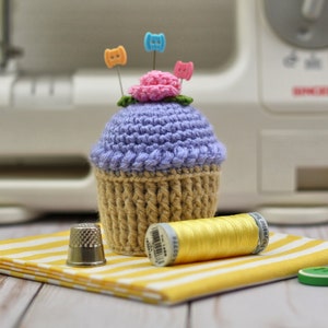 Whimsical Crocheted Cupcake Pincushion in Lavender Purple