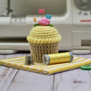 Cupcake Pincushion,  Crocheted Cupcake, Play Food, Yellow Frosting Cupcake