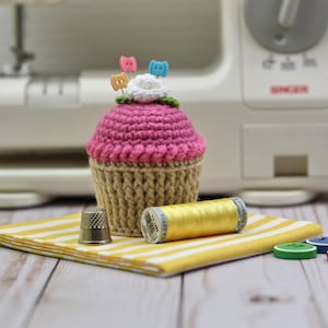 Cupcake Pincushion, Cake Pincushion, Crocheted Cupcake, Raspberry Frosting Cupcake