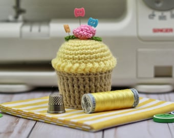 Cupcake Pincushion,  Crocheted Cupcake, Play Food, Yellow Frosting Cupcake