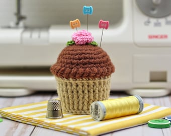 Cupcake Pincushion, Crochet Cupcake, Chocolate Cupcake Pin Cushion, Cupcake Play Food, Gift for Sewists