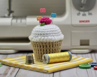 Crocheted Cupcake Pincushion with White Frosting