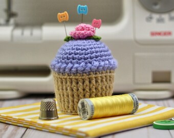 Whimsical Crocheted Cupcake Pincushion in Lavender Purple