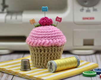 Cupcake Pincushion, Pincushion, Crocheted Cupcake Pink Frosting