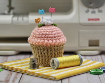 Cupcake Pincushion, Crocheted Cupcake, Cupcake Pin Cushion, Pin Cushion Peach Frosting