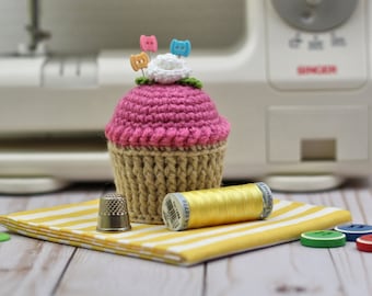 Cupcake Pincushion, Cake Pincushion, Crocheted Cupcake, Raspberry Frosting Cupcake