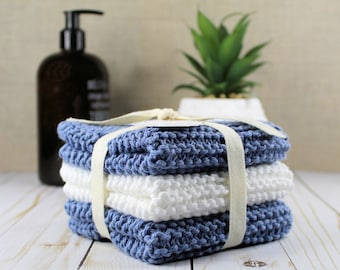 Blue Hand Knitted Cotton Dish Cloths - Eco-Friendly Cleaning  - Denim