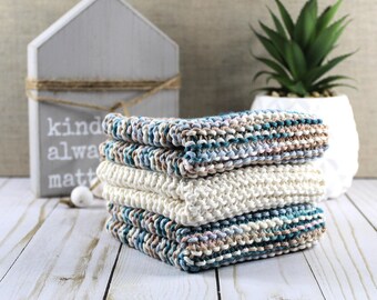 Hand Knitted Cotton Dish Cloths - Eco-Friendly Cleaning  - By the Sea (Set of 3)