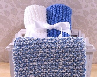 Hand Knit Dishcloths, Cotton Washcloths, Dish Cloths, Wash Cloths, Handmade towels  - Blue Twist