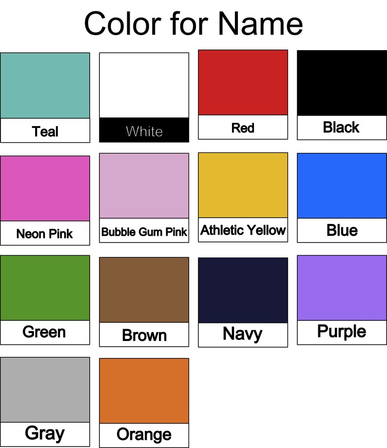 K&ouml;nnte beinhalten: Eine Farbkarte mit 14 verschiedenen Farben, darunter Teal, Wei&szlig;, Rot, Schwarz, Neonpink, Bubblegum-Pink, Sportgelb, Blau, Gr&uuml;n, Braun, Marineblau, Lila, Grau und Orange.