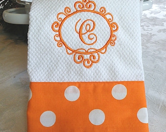 Monogrammed Kitchen Towel, Monogrammed Dish Towel, Orange with Large White Dots