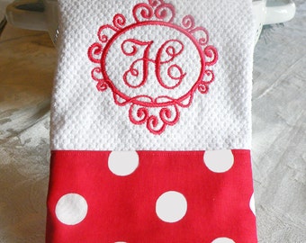 Monogrammed Kitchen Towel - Red with White Polka Dots Towel